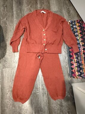 Free People Rust Knit Button Cardigan and Jogger Set